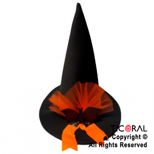 SOMBRERO BRUJA HALLOWEEN NEGRO CON APLIQUE NARANJA FLUO x 1